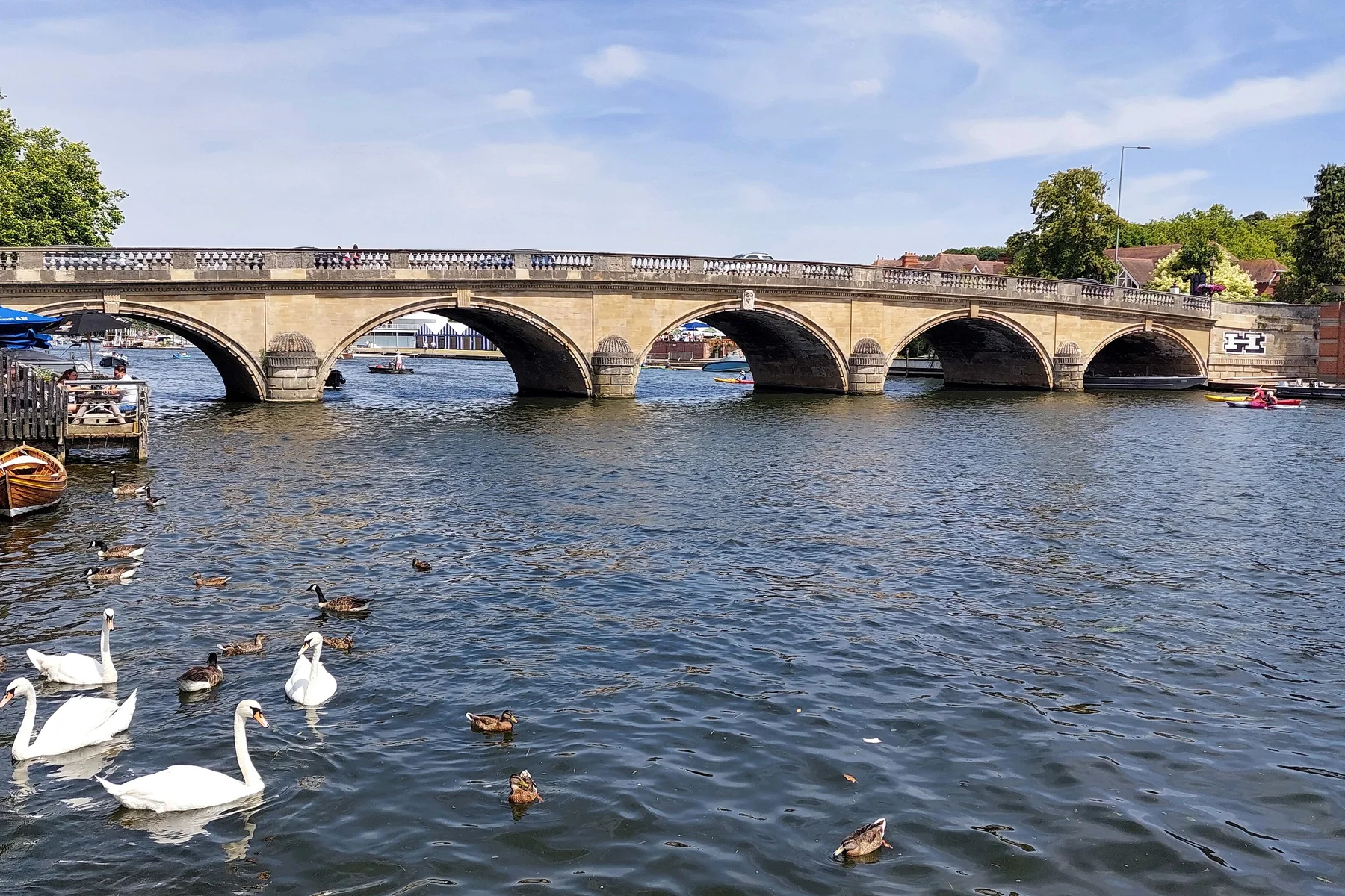Henley Bridge over the River Thames at Henley on Thames, with swans on the water